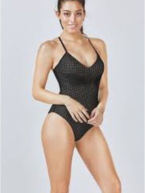 Fabletics Black Textured V-Neck One-Piece Swimsuit